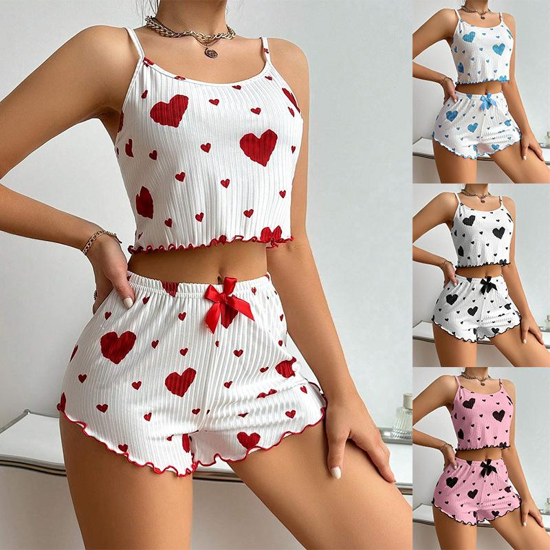 1 комплект Женский летний пижамный комплект в полоску с принтом любви, майка, шорты, пижамный комплект