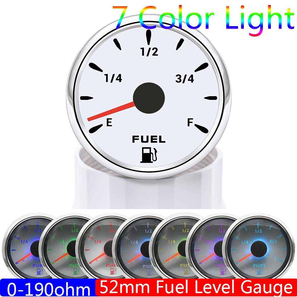 7 Color Backlight 52MM Fuel Level Gauge 0-190 Ohm Water Tank Gauge Meter Indicator 240-33 Ohm Oil Level Meter Auto Car Gauge