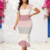 Women Plus Size V Neck Short Sleeve Abstract Face Printed Fitted Fishtail Midi Dress