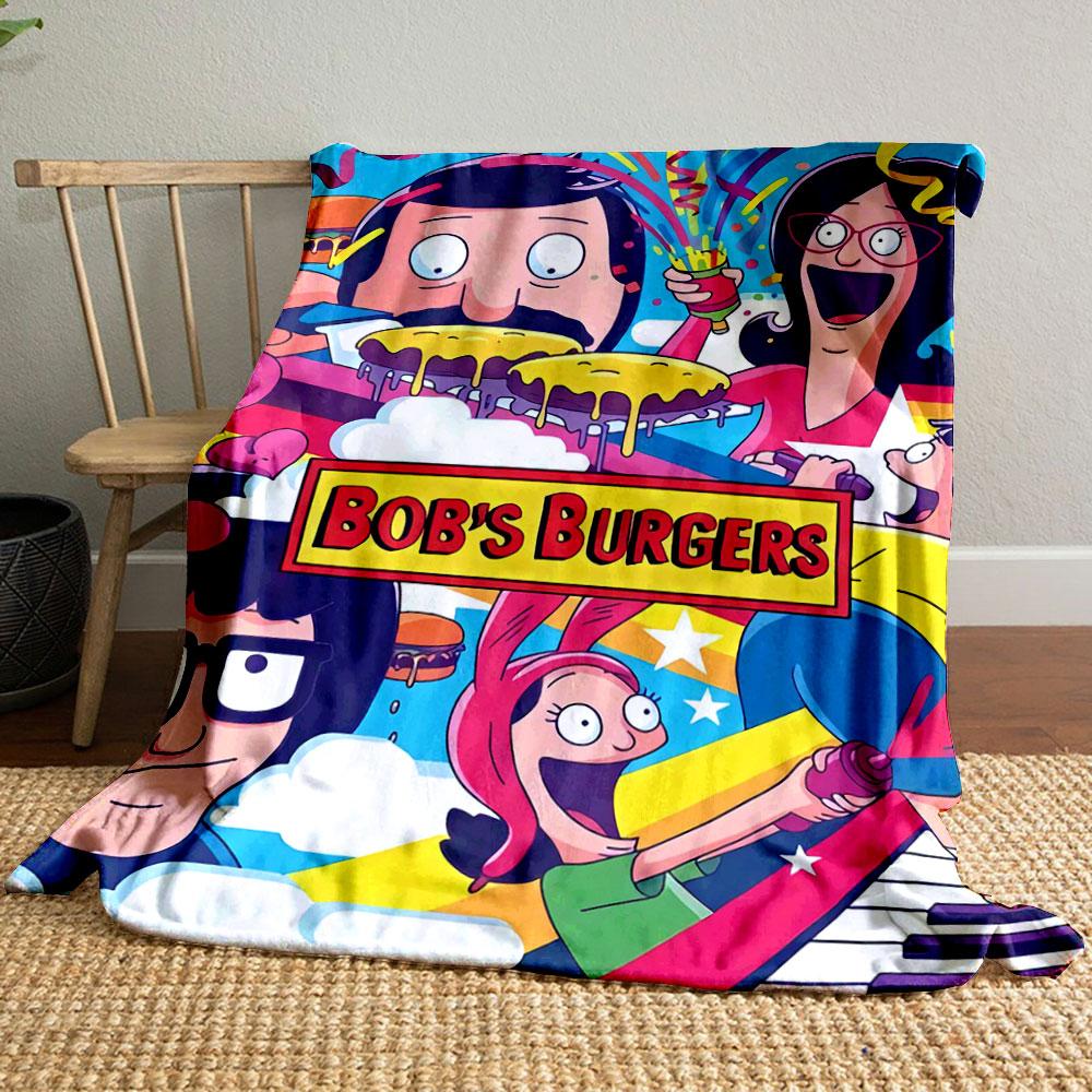 Colorful cartoon characters with burgers, confetti, and quirky expressions. for all seasons blanket lunch break throw gift