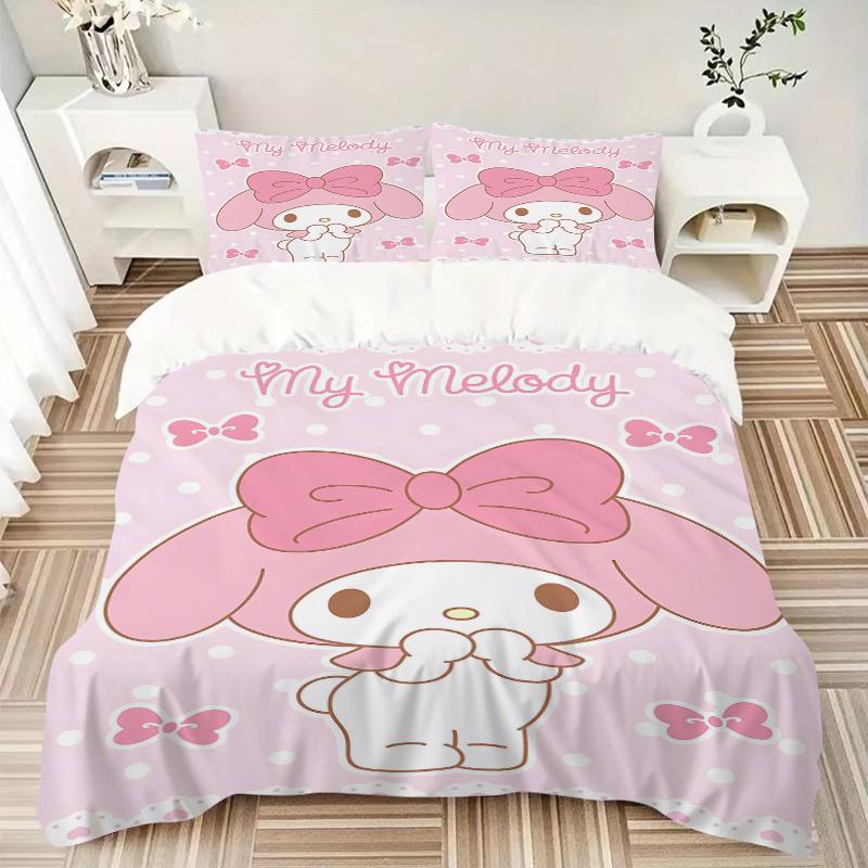 3pcs My Melody Cute Pink Bow Wallpaper Printed Quilt Set - Soft and Comfortable Quilt Cover for Bedroom, Guest Room H073