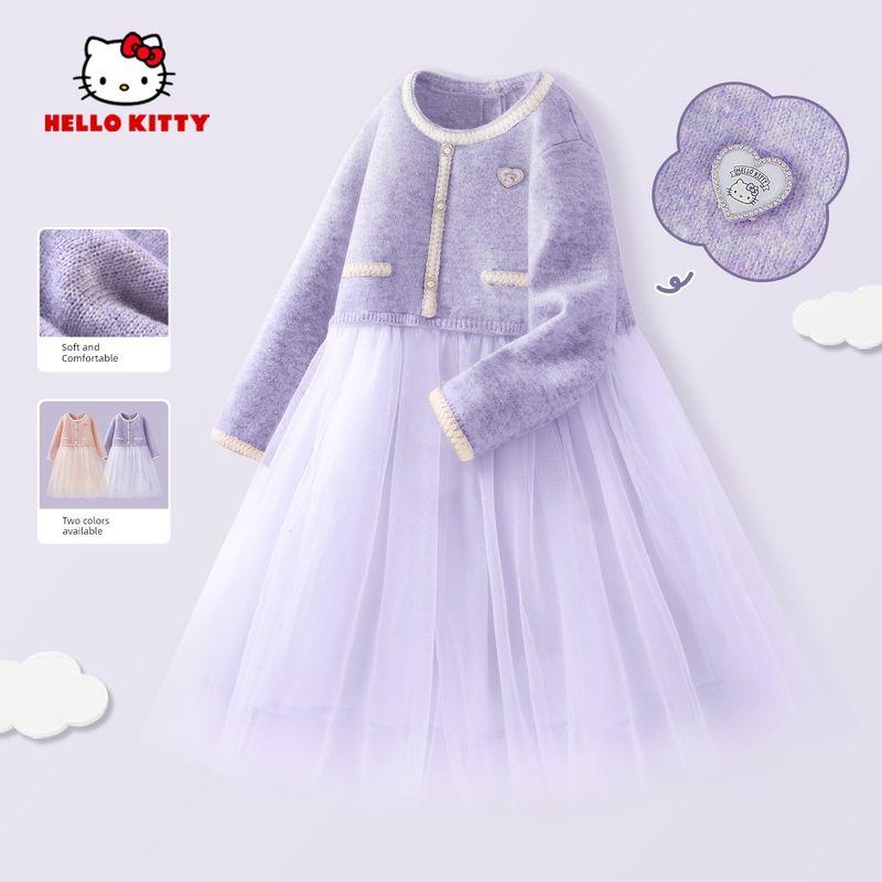 Юбка для девочек Hello Kitty Весенняя Пэчворк Детское платье Фиолетовое Модное Девочка Принцесса Платье