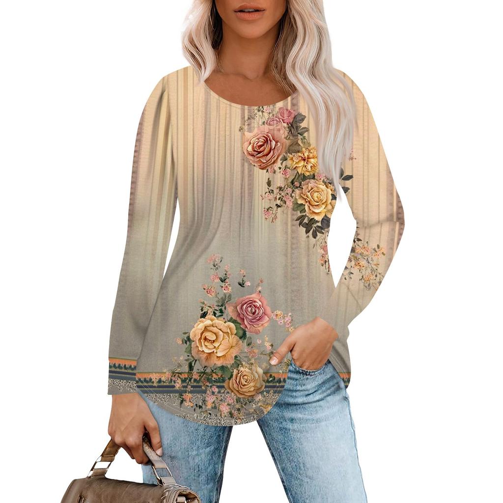 Женская модная повседневная плиссированная футболка с круглым вырезом и принтом, с длинным рукавом