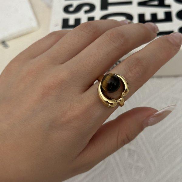 Vintage Natural Stone Stainless Steel Rings for Women Men Trendy Gold Plated Hollow Geometric Ring Finger Accessories Jewelry