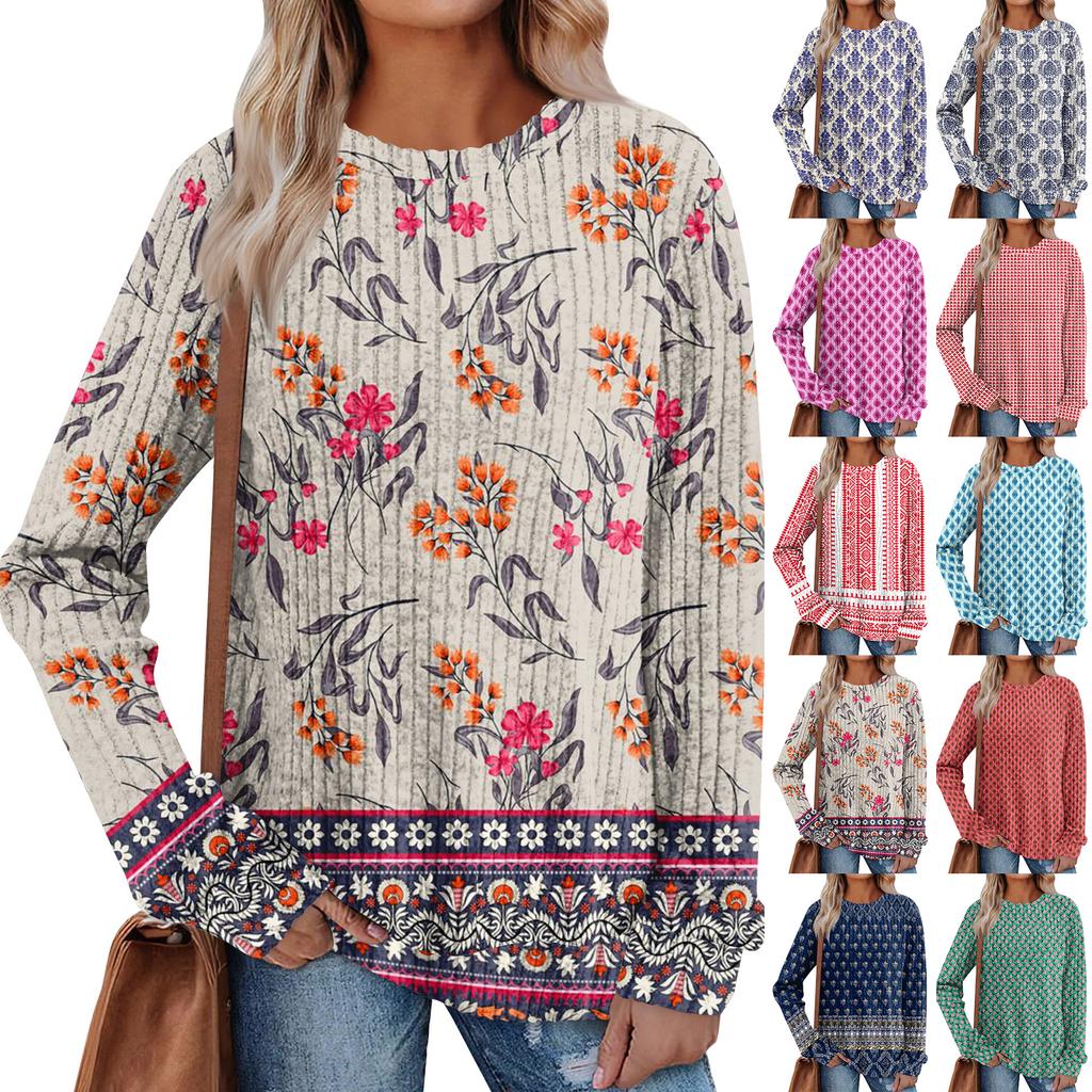 Women's Winter Color-Block Printed Lightweight Brushed-Cotton Round Neck Top