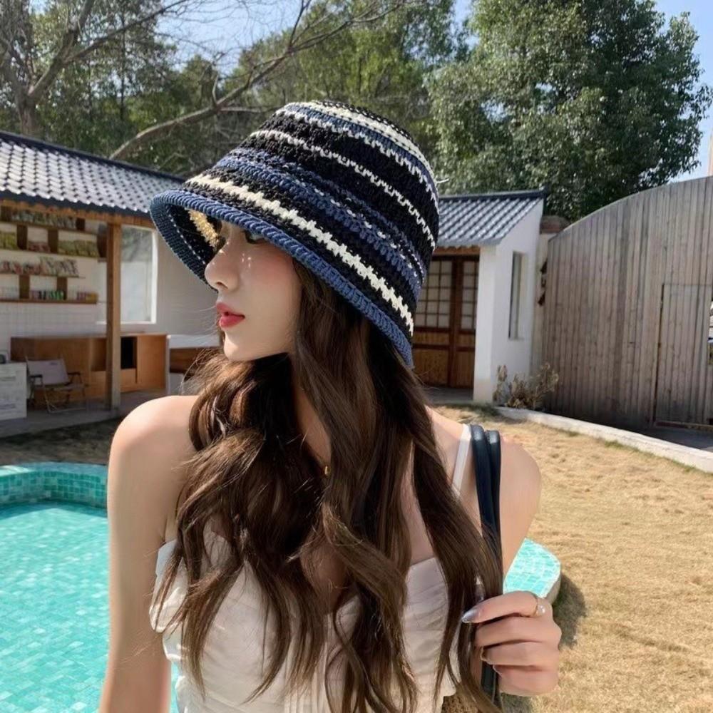 Temperament Knitted Bucket Hat Stripe Sun Protection Cap Fashion Fisherman Hat Daily