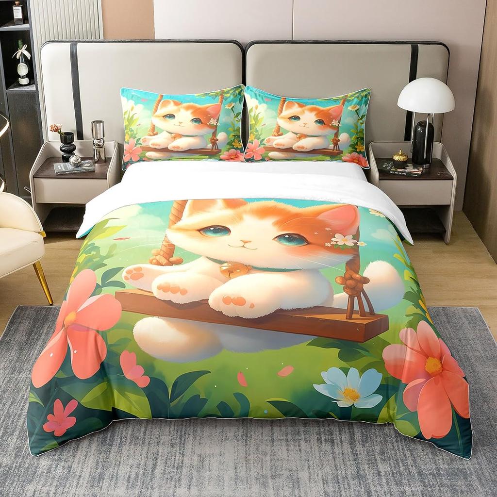Cartoon Cat Pattern Duvet Cover Queen King Size Soft Bedding Set For Girls Toddlers Teens 3 Piece Set With 2 Pillowcases