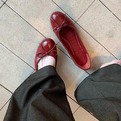 Виноградный цвет мать осень новый масляный воск мягкая кожа балетки бант мелкий вырез не устают ноги плоские одинарные туфли женские