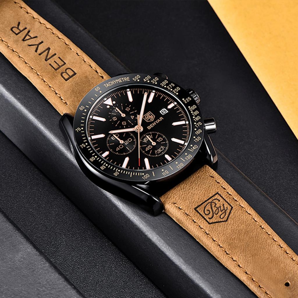 BY BENYAR Watch Watch Chronograph Analog Watch 30M Water Resistant Business Simple Stylish Popular Formal Leather Belt Quartz Watch Gift for Men Men's
