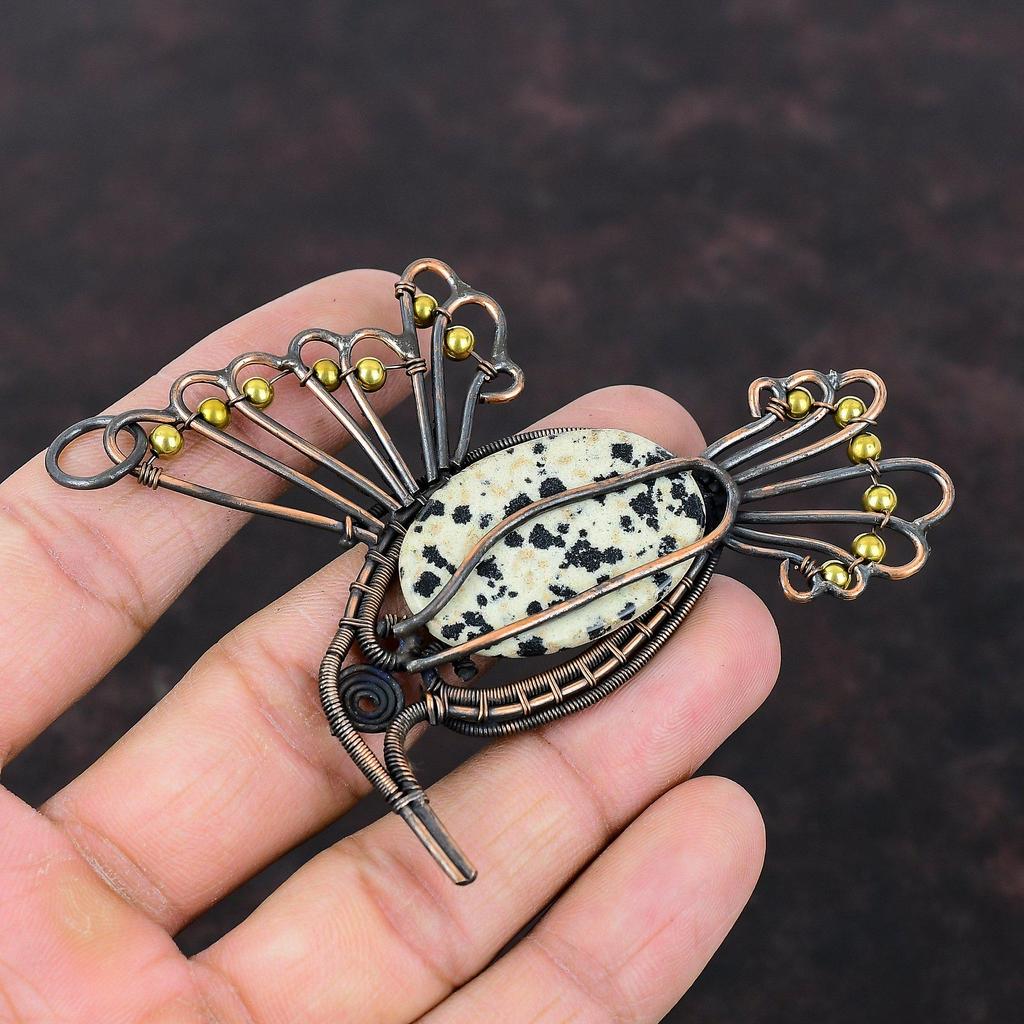 Подвеска из далматинской яшмы, обернутая медной проволокой, ручная работа, украшение из натурального драгоценного камня, стильное медное украшение, подвеска с птицей для подарка