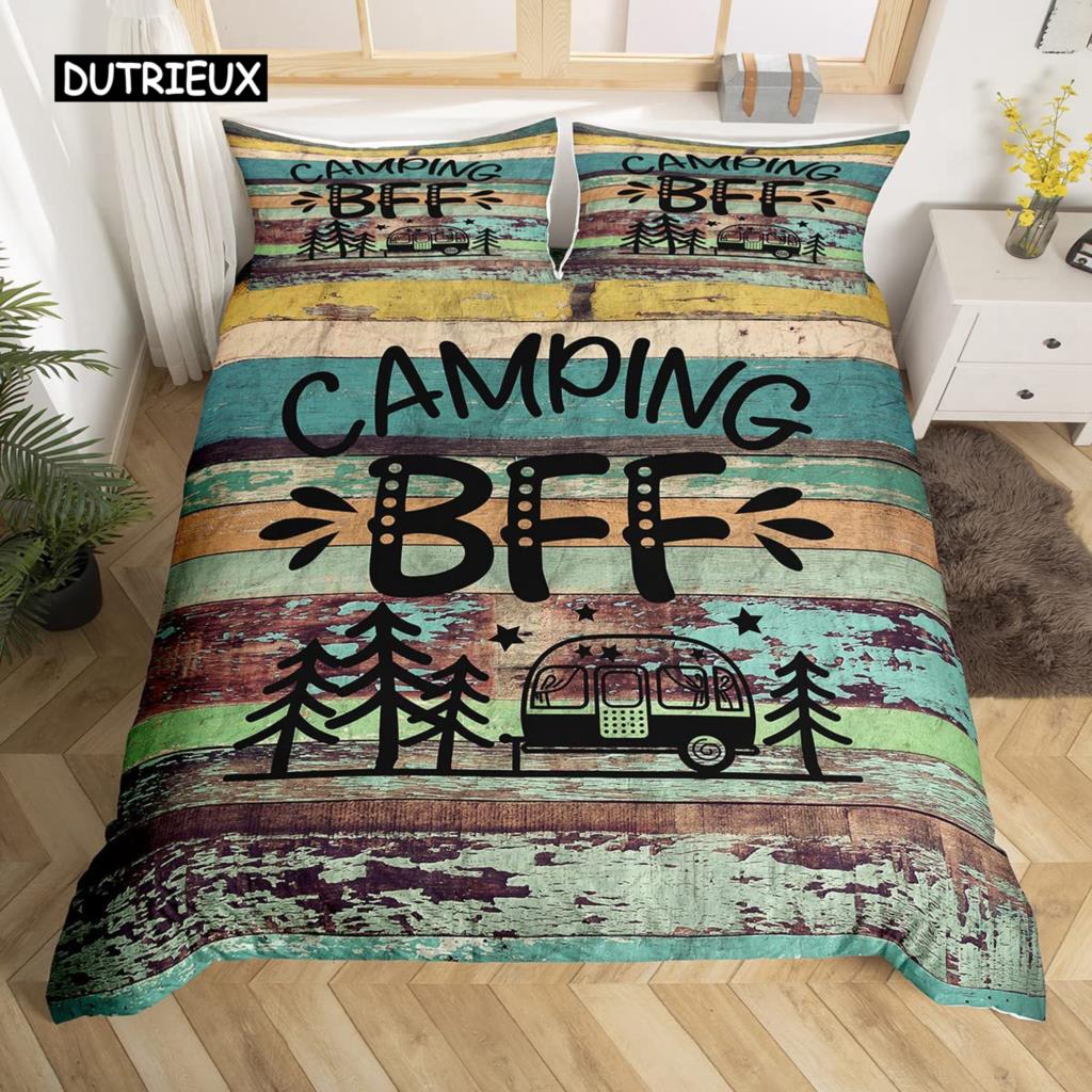 Пододеяльник в деревенском стиле с рисунком в виде эскиза, наволочка из полиэстера с рисунком Happy Camper, наволочка для пододеяльника в стиле старого амбара