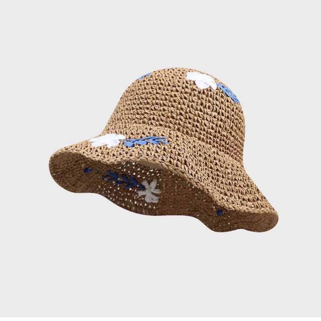 Women's floral straw hat, new summer hollow sunshade sun-protection woven bucket hat, French seaside beach vacation hat