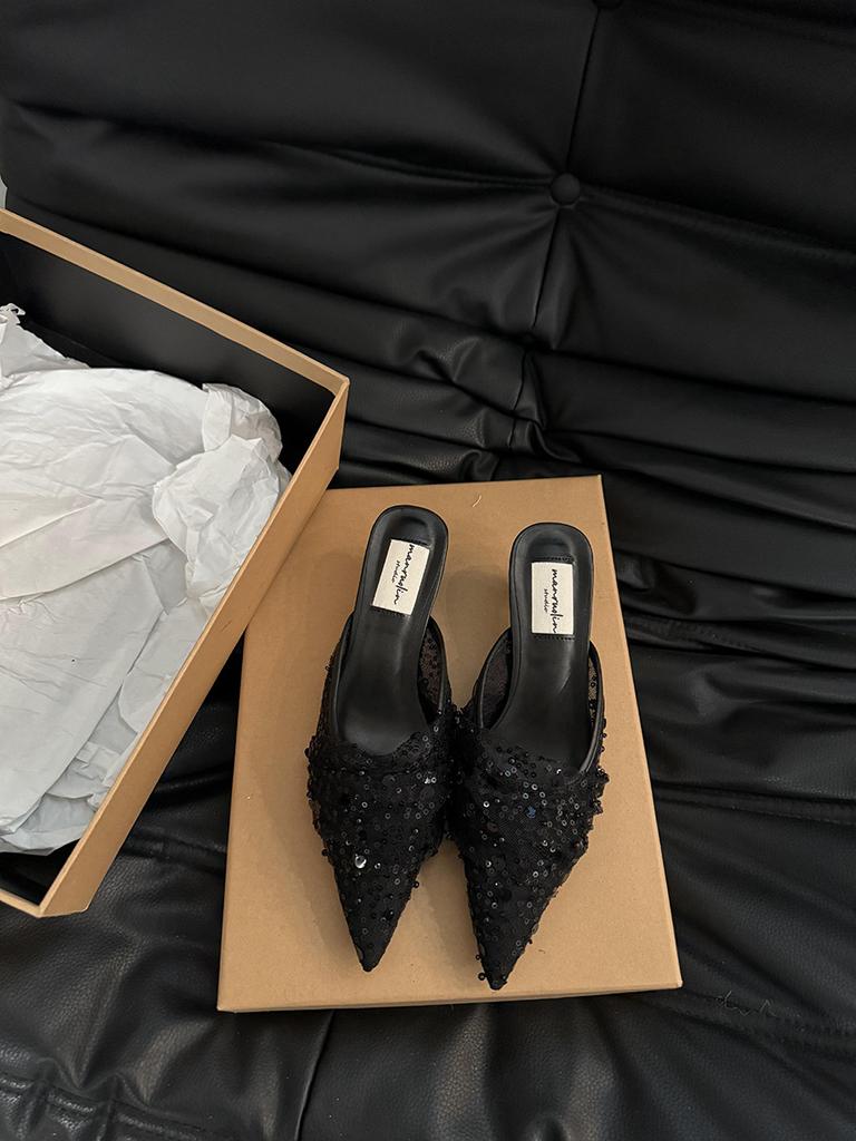 French Dress High Heels Half Slippers Spring and Autumn Style High Heels Evening Gentle Everything with Sequined Shoes