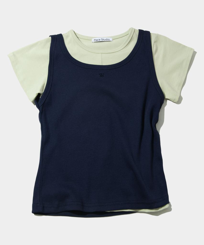 PLACE STUDIO Pintuck Cut-Out Logo Embroidery Sleeveless Set Short Sleeve T-Shirt_ 3 Colors