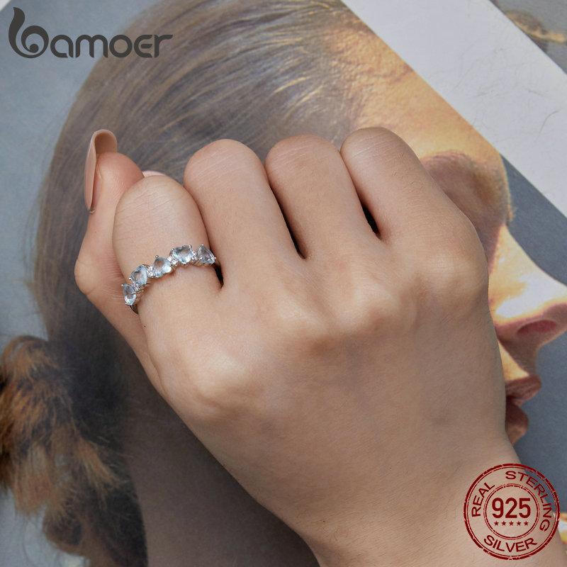 BAMOER 925 Stelring Silver Ocean Blue Heart Cubic Zirconia Wedding Rings Women Romantic Heart-shaped Stackable Ring Birthday Jewelry Gift