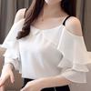 Новая летняя белая шифоновая блузка с оборками, женские топы с открытыми плечами, топ J274