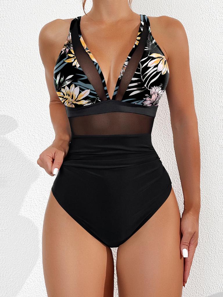 Sexy Black One Piece Swimsuit 2025 Women Mesh Patchwork Transparent Tummy Control Swimwear Bathing Suit See Through Monokini