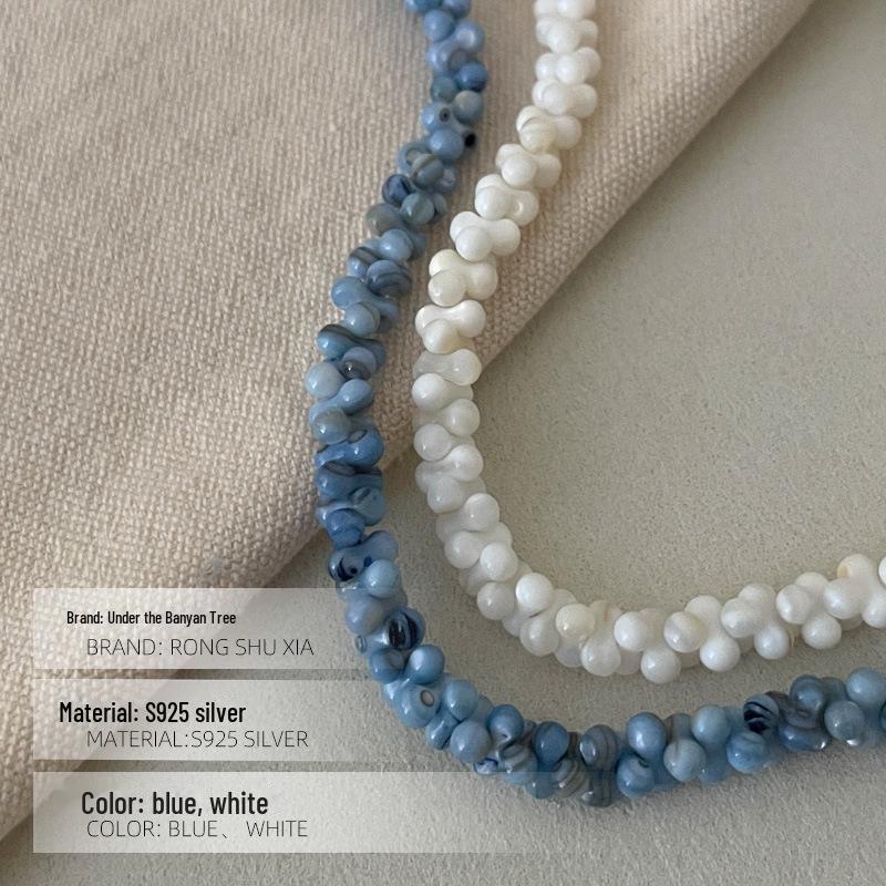 Banyan Tree S925 Silver Blue Beaded Dopamine Necklace - Fresh Handmade Clavicle Chain for Women