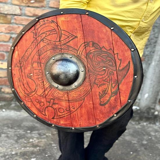 45.72 Cm Medieval Dragon Battle Worn Viking Shield, Wooden Valhalla Viking Round Shield Gift For Men, Norse Cosplay Costume Shield Halloween Gift