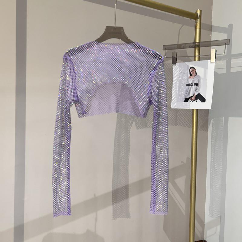Блестящий сетчатый ромбовидный солнцезащитный топ с длинными рукавами для вечеринки
