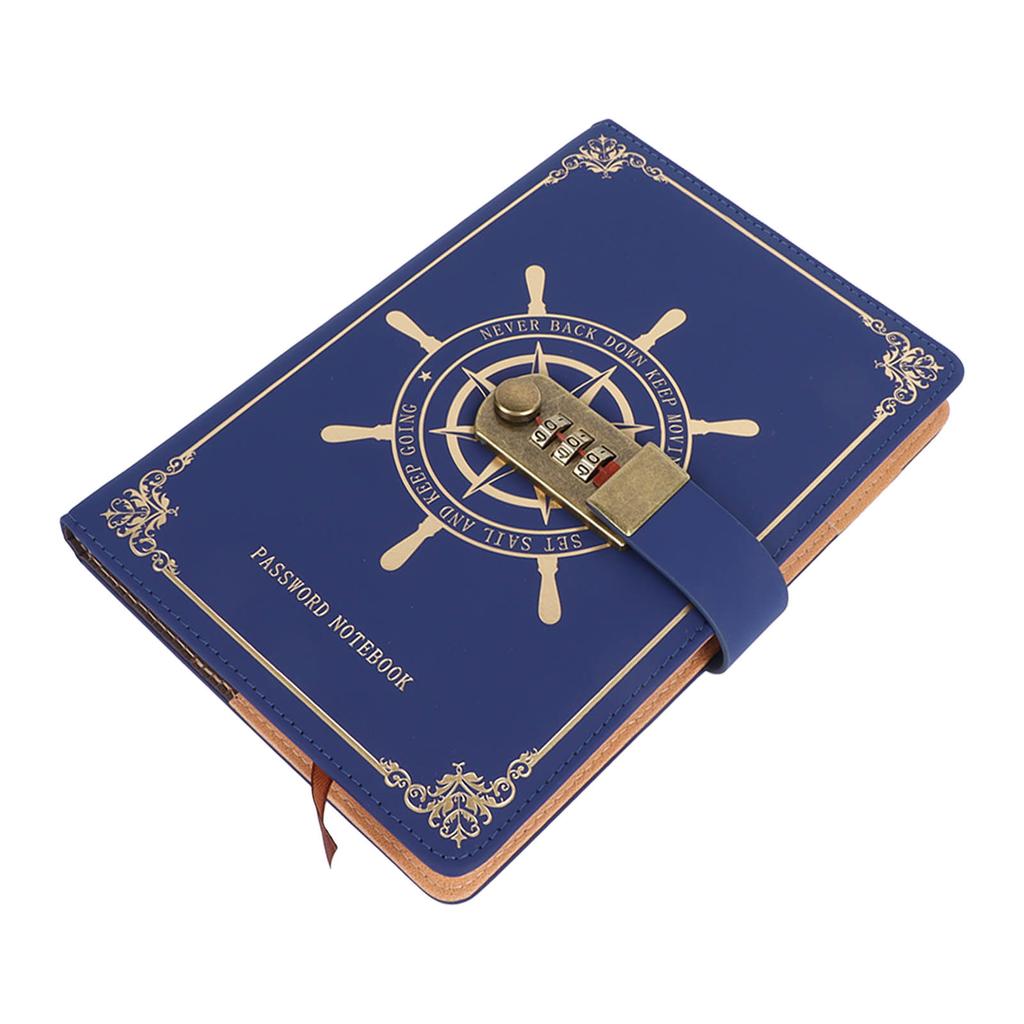 Diary with Combination Lock 100 Sheets Vintage A5 Size Travel Journal Notebook with PU Leather Cover for Record Blue