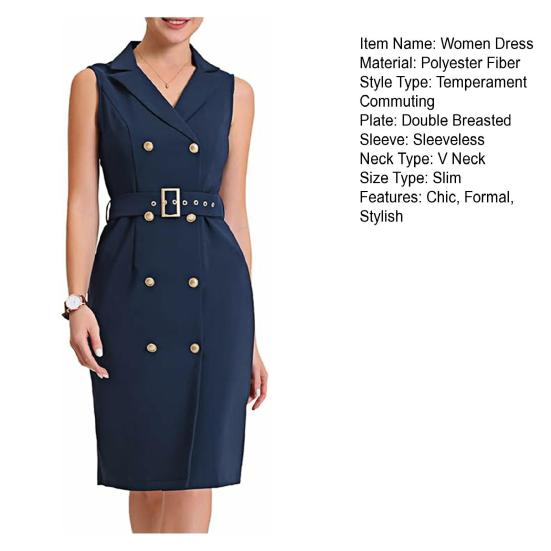 Женские костюмные платья, летнее облегающее платье миди без рукавов, двубортное платье с V-образным вырезом и поясом для работы в офисе