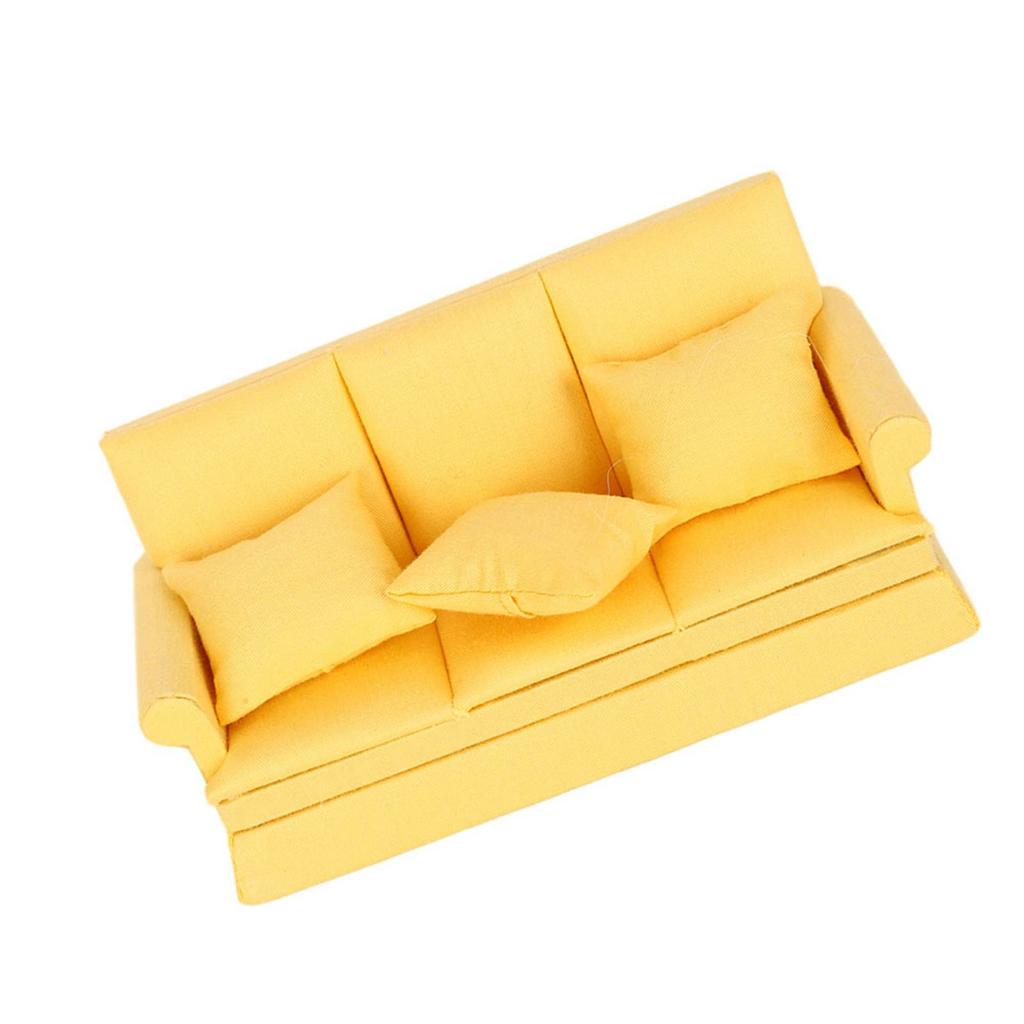 1:12 Doll House Mini Sofa with 3pcs Pillow Living Room Furniture Wooden Doll House Decoration