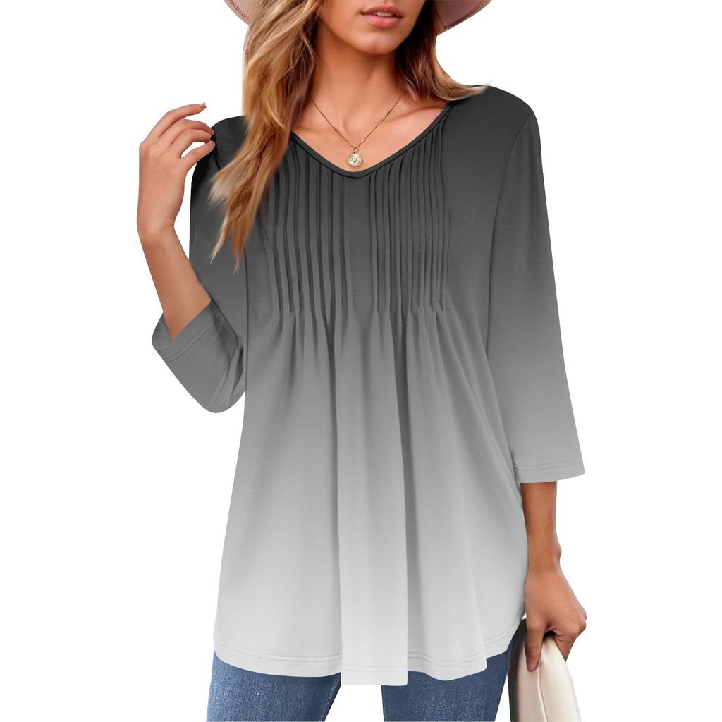 Женские топы с V-образным вырезом и рукавом три четверти в полоску, плиссированные, повседневные, летние, модные, рубашки