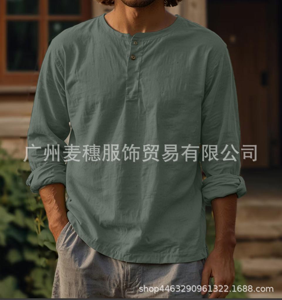 Мужская новая хлопково-льняная однотонная рубашка с длинным рукавом, футболка, круглый вырез, перекрестная застежка на пуговицы, две пуговицы, лен