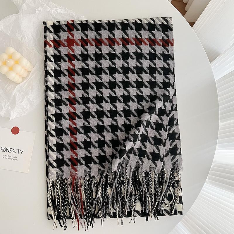 New Thickened Fringe Scarf WomenS Thousand Bird Plaid Cashmere Shawl Sunscreen Autumn And Winter Warm And Wind Proof Neckband Women
