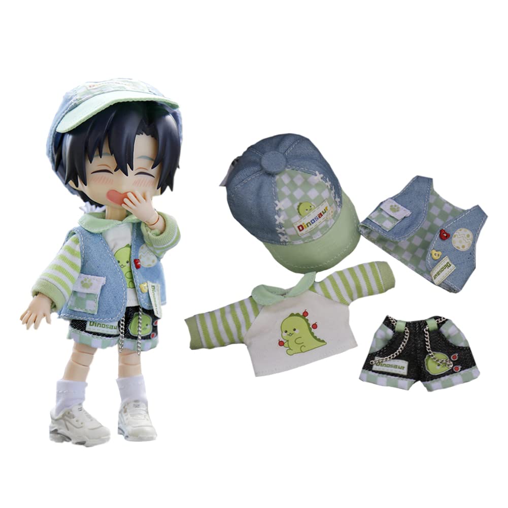 Rakulifey Obitsu 11 Clothes, Hat, OB11 Size Costume Set, Jacket, Pants, Vest, 112 BJD Doll Clothes, 4-Piece Set (Green)