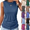Women's Pleated Vest Round Neck Sleeveless Top Basic Solid Color Casual Shirt Summer Loose T-shirt