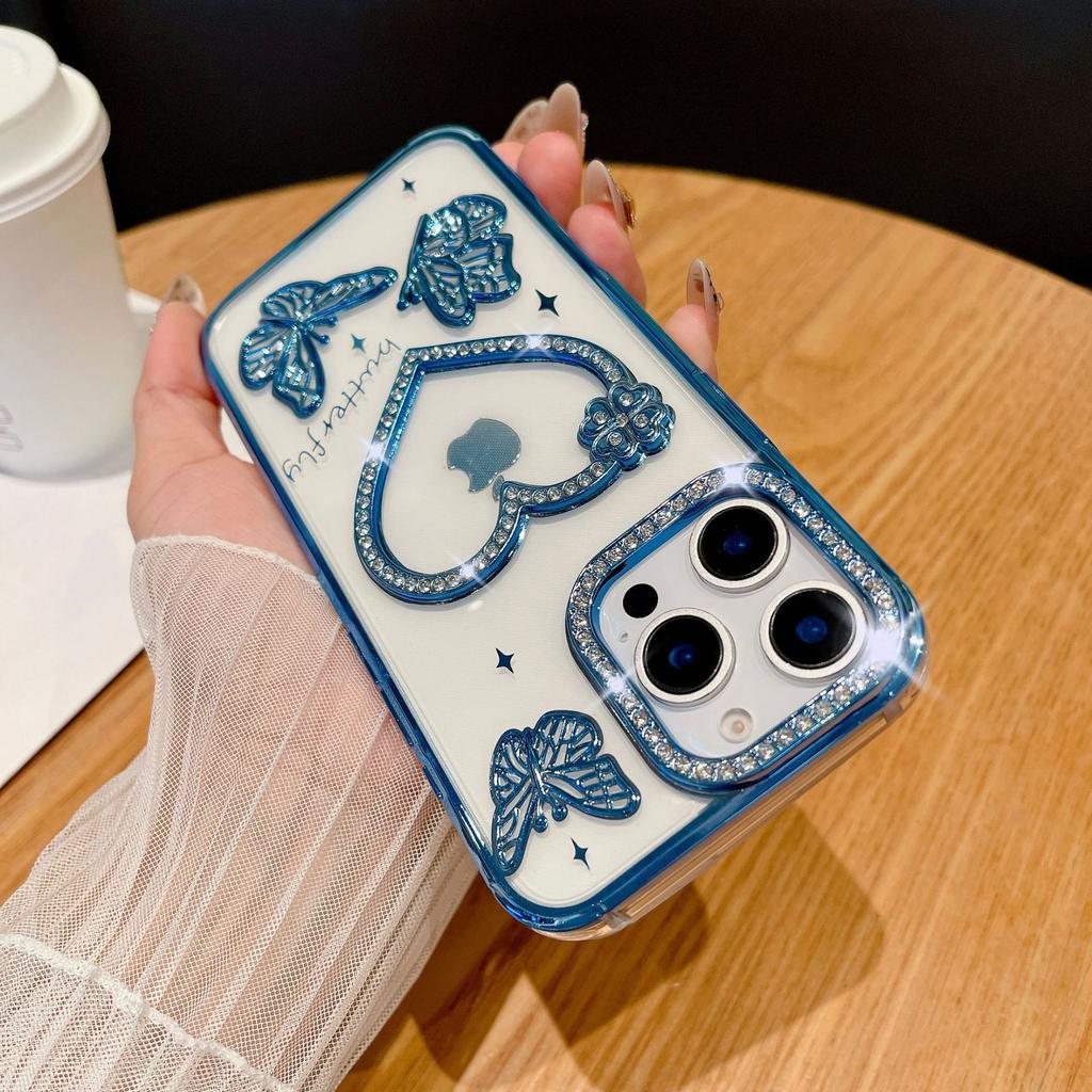 For IPhone 16 Promax Sparkling Diamond Phone Case for Apple 15 Love Butterfly 14 Gradient Sparkling Pink Soft Case