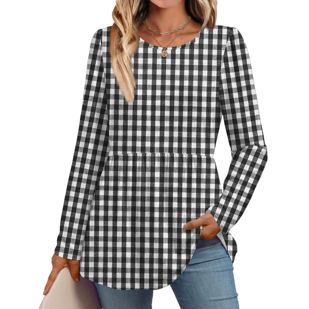Women's Casual Fashion Long Sleeve Shirt Plaid Printed Tunic Top