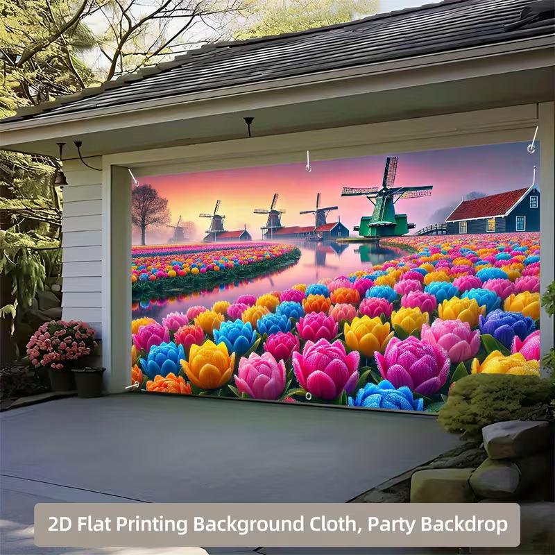 2D Netherlands Windmill Scene Cover for Home Exterior and Garden Aesthetic