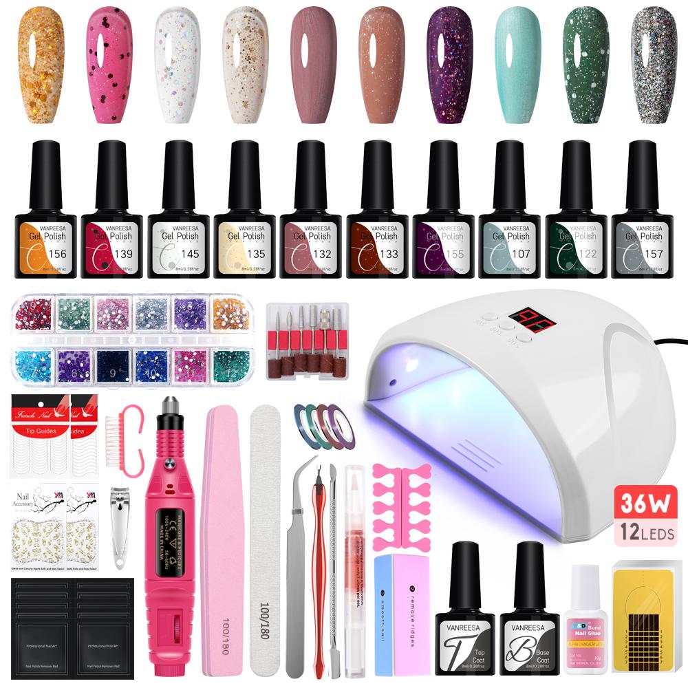 VANREESA Гель-лак для ногтей, набор полуперманентных цветных гелей, УФ-светодиодная лампа, фреза для ногтей с аксессуарами для дизайна ногтей, набор для украшения ногтей