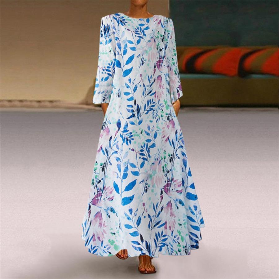 Spring Autumn Cotton Linen Vacation Pattern Maxi Dresses Holiday Travel Vintage Round Neck Long Sleeve Dress Women