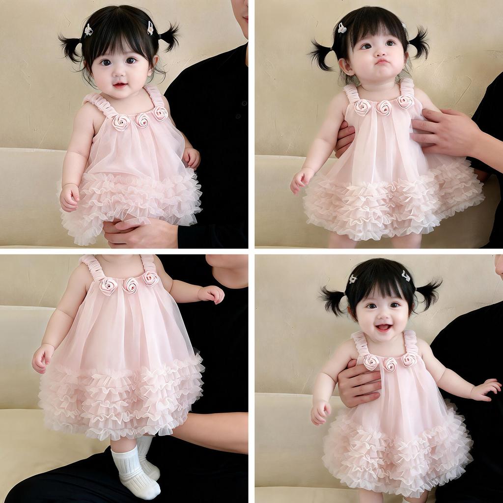 Baby Girl Princess Tulle Dress Spaghetti Strap Party Gown For 100 Days Birthday Newborn Infant Formal Wear