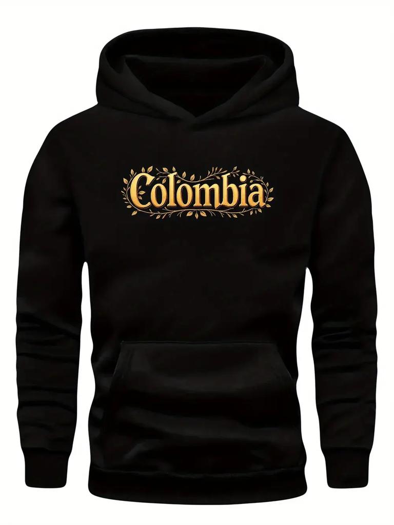 Plus Size Black Hoodie with Golden "Colombia" Design - Casual Loose Fit