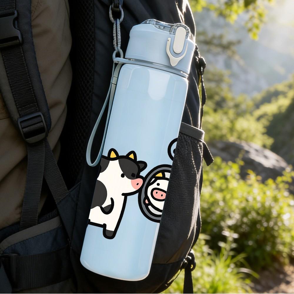 1PC Duck Hugging Cow Cartoon Art 750ml Color Plastic Sports Water Bottle Leakproof Flip Straw Lid Suitable for Sports Office Home Use