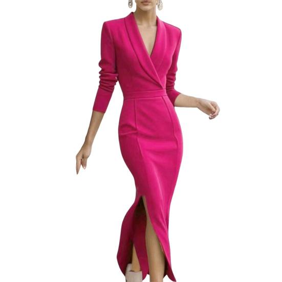 Женское миди платье-футляр бодикон с лацканами, V-образным вырезом и рукавами 3/4, офисное деловое платье, формальное коктейльное платье для работы с разрезом, платье-карандаш