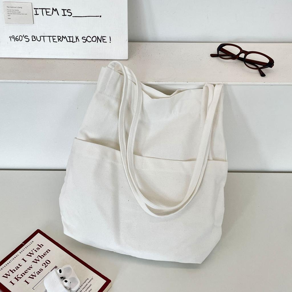 Solid Color Front Bag White Canvas Tote Bag Literary Shoulder Bag Student Large Capacity Bag