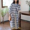 Японская клетчатая длинная рубашка женская весенняя ретро свободная рубашка с рукавами-фонариками и круглым вырезом