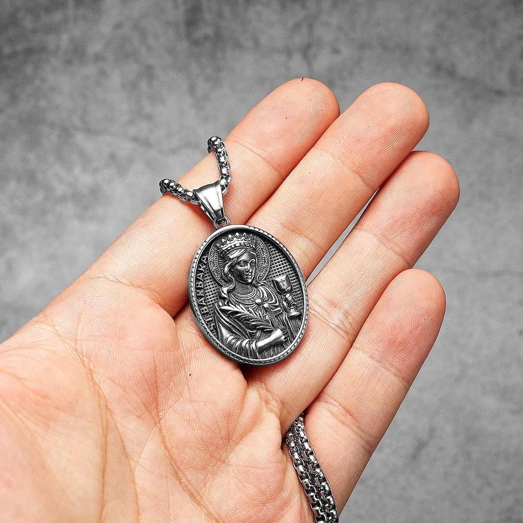 Vintage Jesus God Christian Virgin Mary Saint Barbara Powerful Amulet Talisman Pendant Necklace Chain Unisex Fashion Gothic Jewelry Party Gift