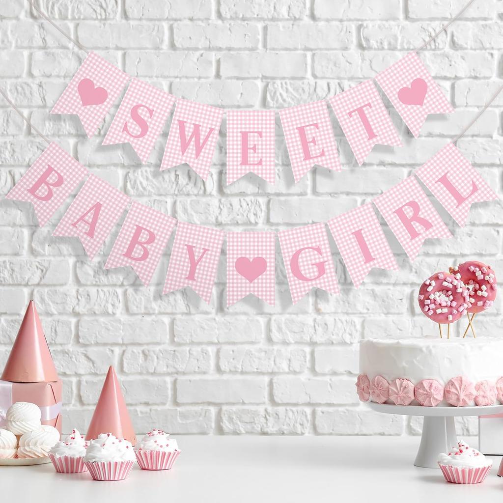 2 Pcs Pre Strung Pink Gingham Sweet Baby Girl Banner Pink Girl Baby Shower Banner Decorations for Gender Reveal Party Decor Supplies Table Wall