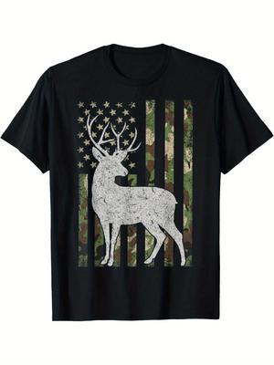 Men'S Whitetail Buck Deer Hunting T-Shirt - Flag Camo & Deer Silhouette Design, Comfortable Short Sl