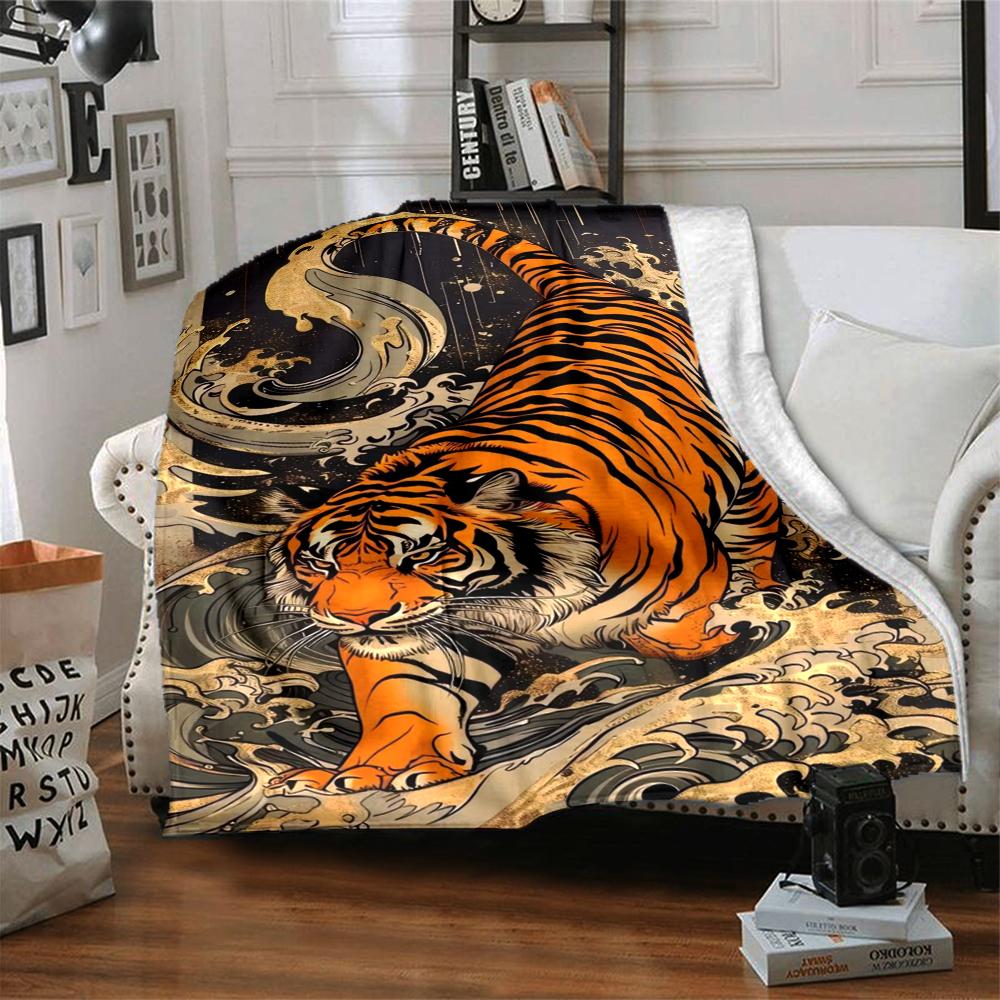 1Pc Tiger Motion Art Flannel Blanket, Soft And Comfortable, Casual Warm, Camping Travel, Christmas, Halloween Xmas Gift. G1166