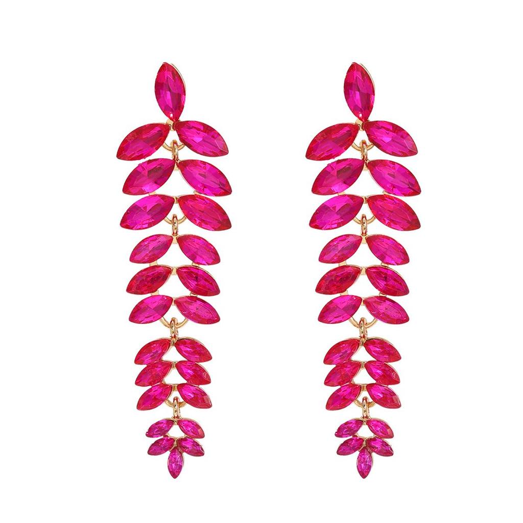 Colorful Diamond Flower Earrings for Women, Bold European Style Long Leaf Design, Perfect for Banquets