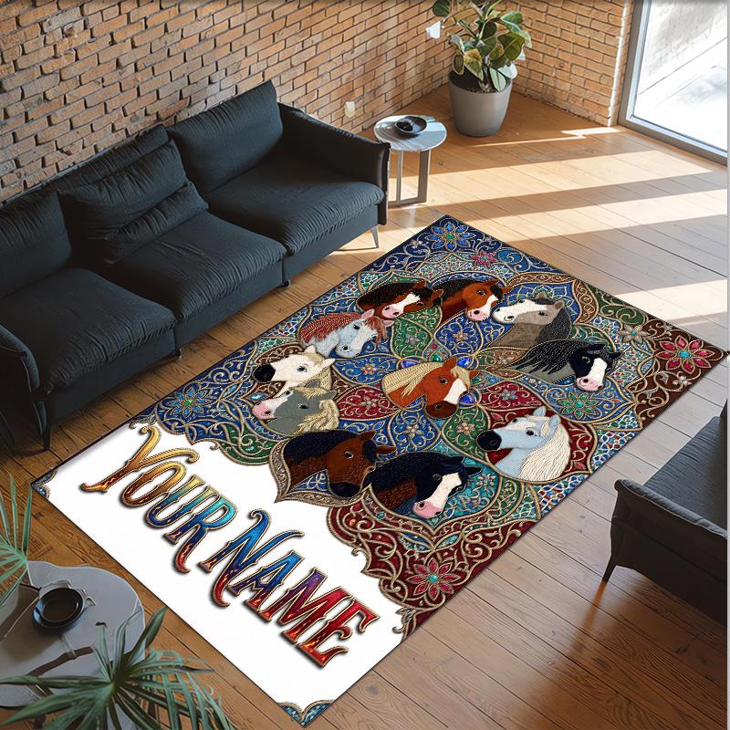 Horse Theme Crystal Velvet Floor Rug Personalized Custom Name Text Warm Carpet Home Decoration