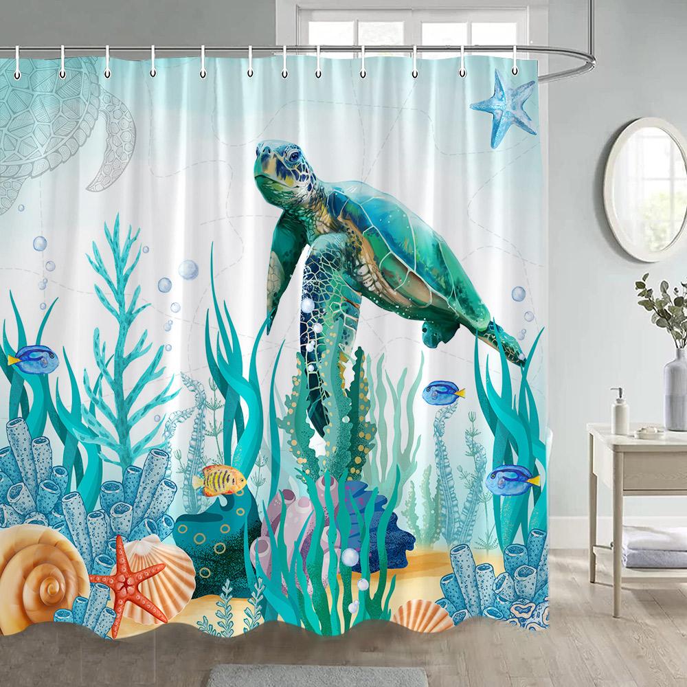 Sea Turtle Shower Curtains Watercolour Ocean Animals Fish Coral Water Plants Underwater Scenery Home Bathroom Curtain Decor Set